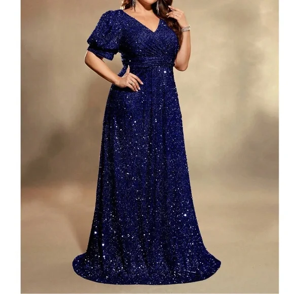 Plus Sequin Puff Sleeve High Waisted Party Formal Wedding Dress - Picture 9 of 9